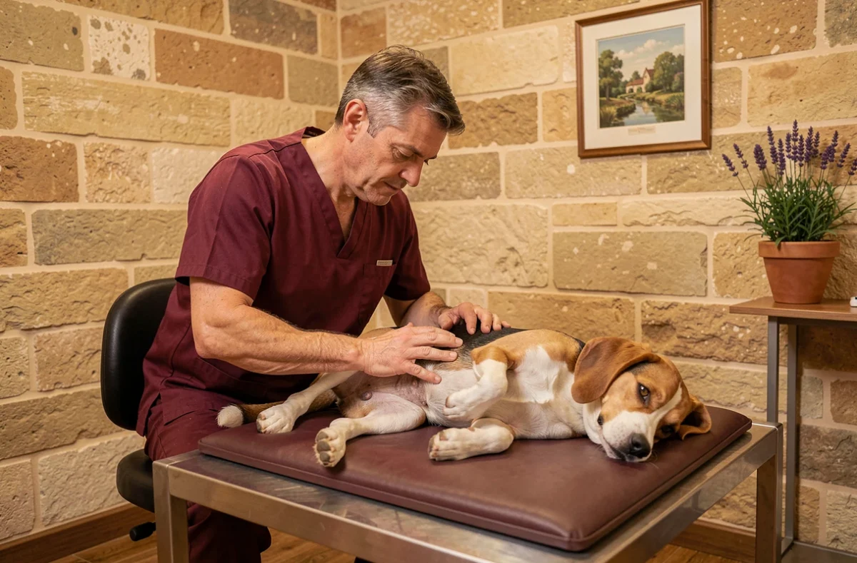 Vétérinaire de la Clinique de Vendôme examinant l'abdomen d'un beagle allongé sur la table