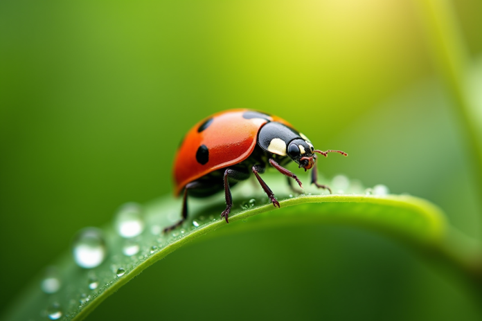 Coccinelle rouge sur une feuille verte brillante