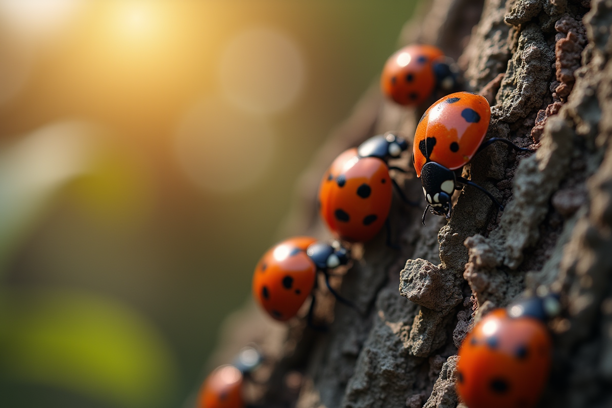 Coccinelles sur l’écorce d’un arbre en lumière naturelle