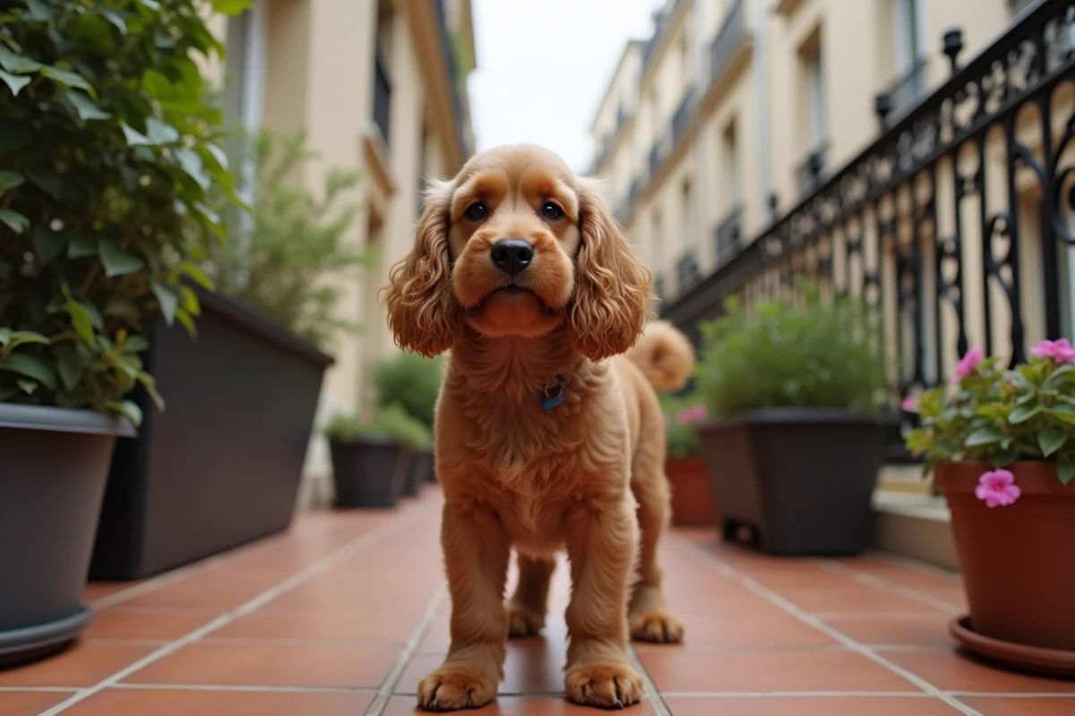 Cocker Spaniel Nain sur un balcon d'appartement en ville