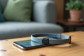 Collier GPS pour chat d'appartement posé sur une table en bois à côté d'un smartphone affichant une carte de localisation