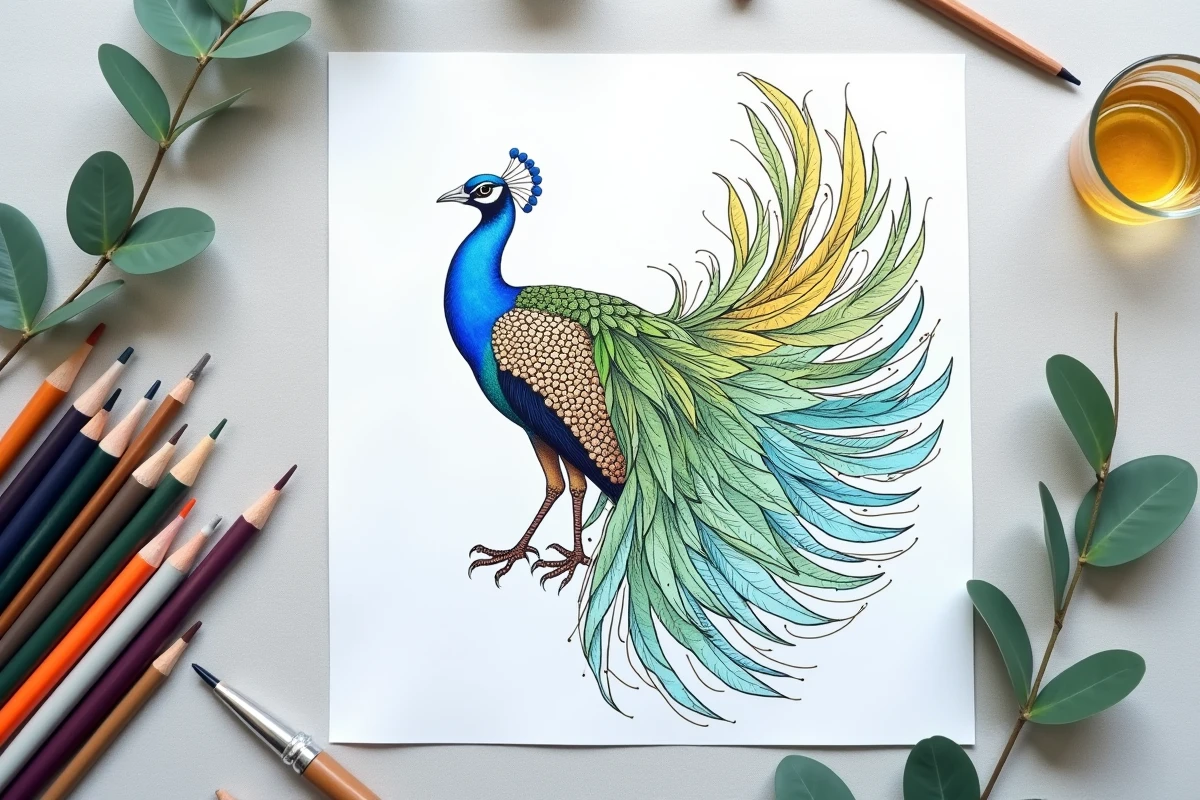 Dessin de paon anti-stress à colorier pour adulte avec crayons aquarelle sur surface en lin gris