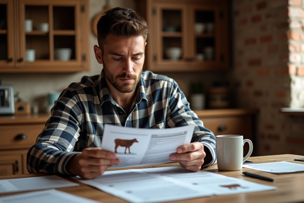 Personne comparant des annonces imprimées de mini vaches à une table de ferme, cherchant à détecter un prix trop élevé dans une annonce