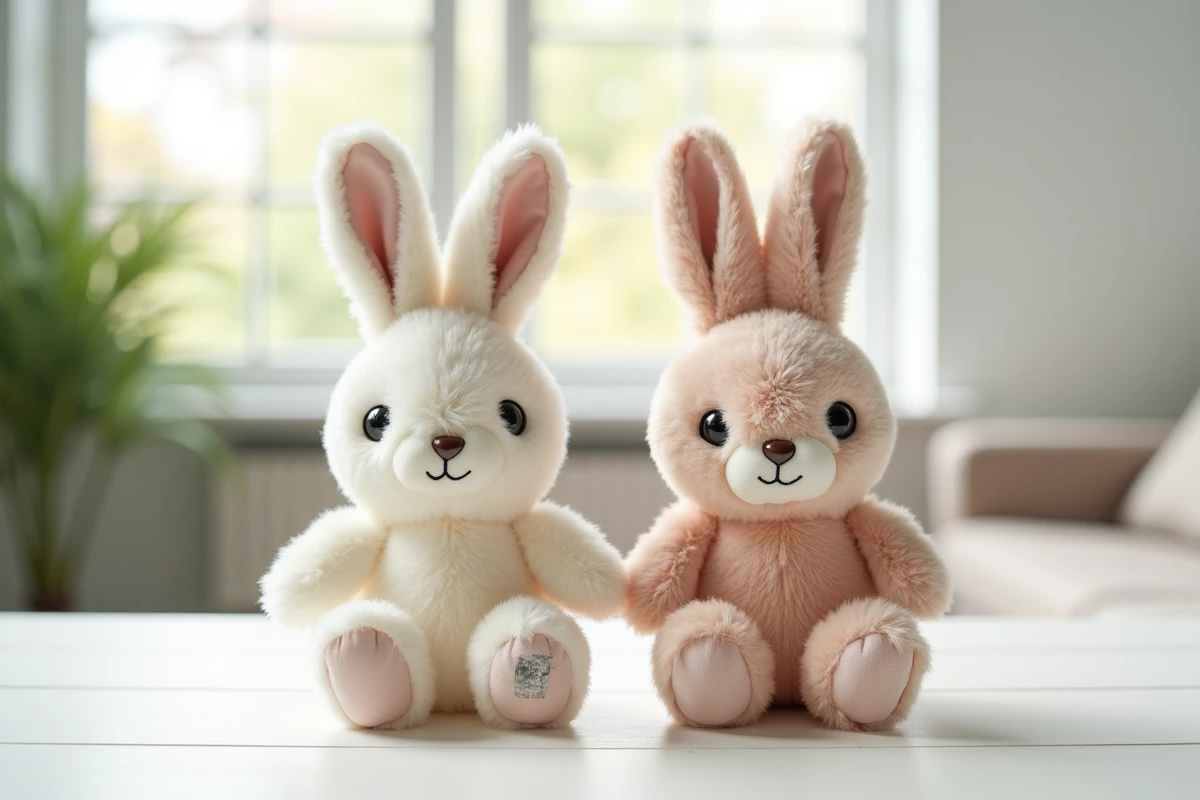 Comparaison côte à côte d'un Bunny Pal neuf et d'un Bunny Pal d'occasion montrant l'usure et l'état général du jouet