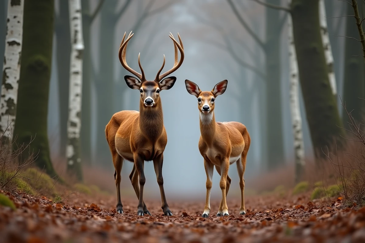 Comparaison cerf et chevreuil côte à côte dans une clairière forestière, guide visuel pour photographes animaliers
