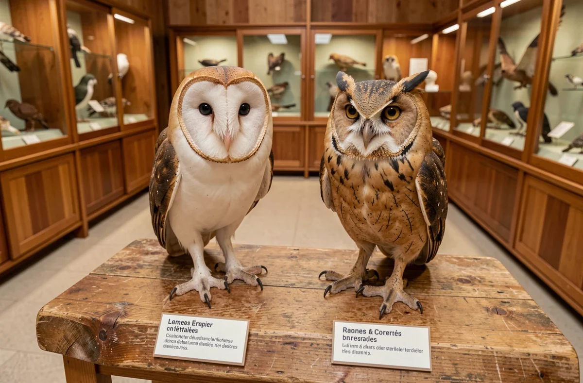 Comparaison côte à côte d'une chouette effraie et d'un hibou des marais naturalisés dans un musée d'histoire naturelle