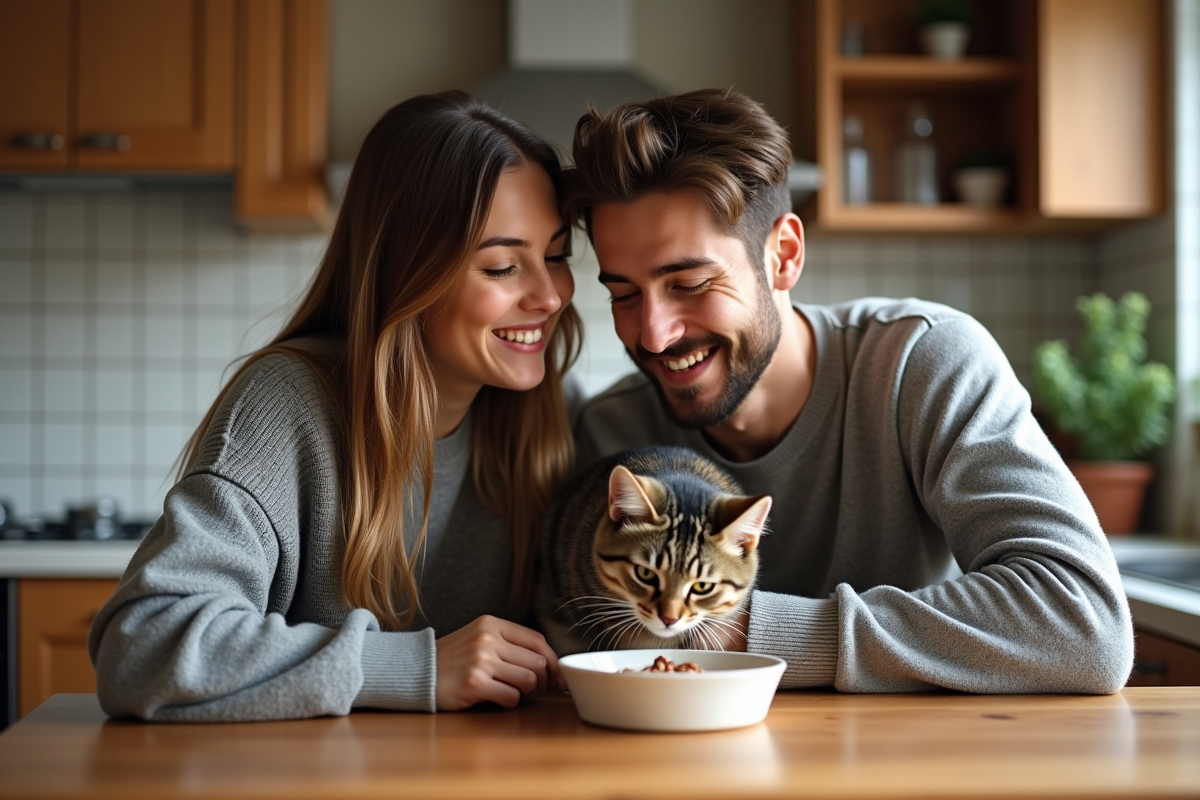 Jeune couple nourrissant leur chat dans la cuisine chaleureuse