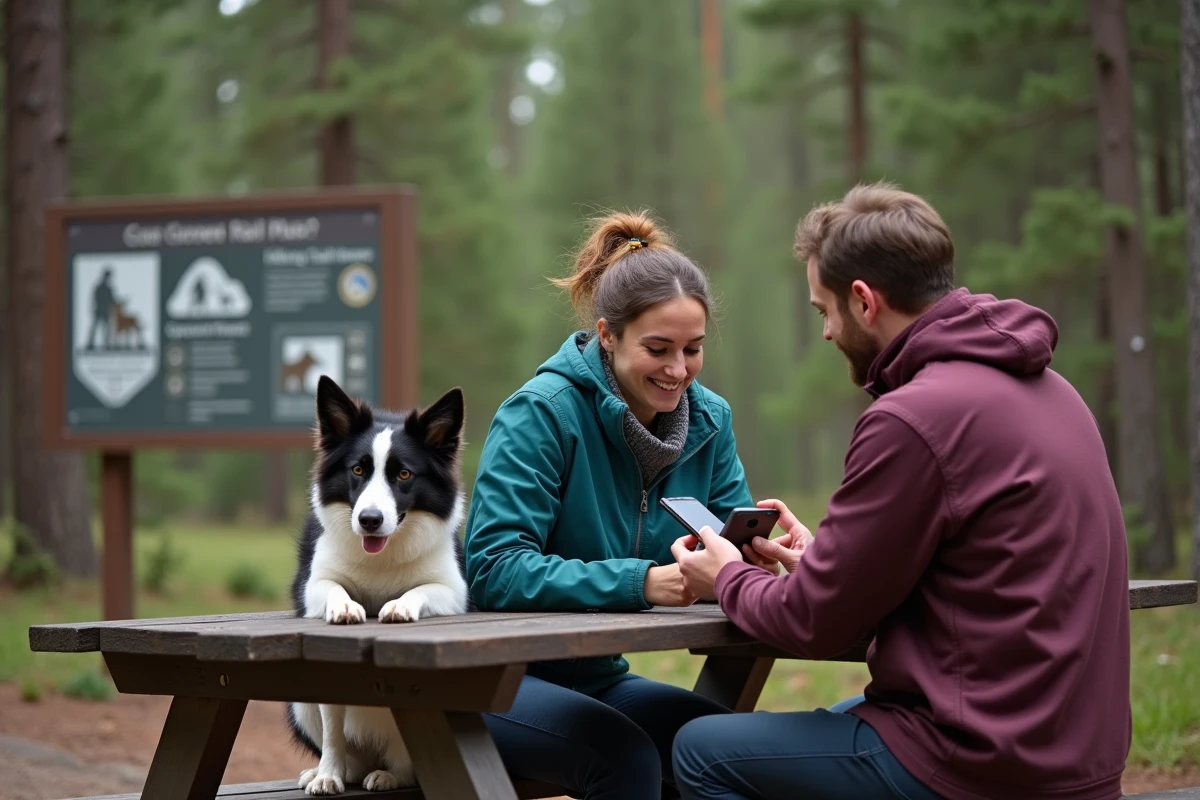 Couple de randonneurs vérifiant les règles d'autorisation pour chiens sur smartphone à l'entrée d'un sentier avec leur border collie