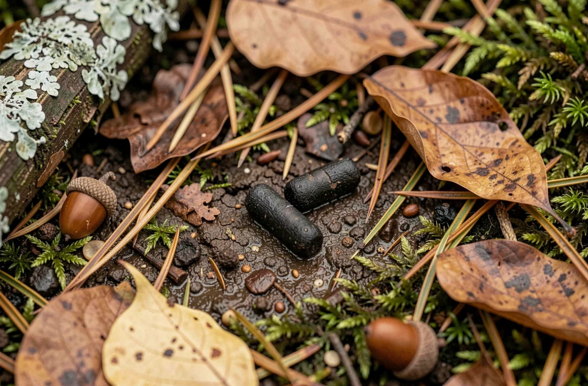 Gros plan macro sur des crottes d'animaux nocturnes identifiées sur un sol forestier moussu couvert de feuilles mortes et d'aiguilles de pin