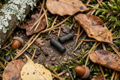 Gros plan macro sur des crottes d'animaux nocturnes identifiées sur un sol forestier moussu couvert de feuilles mortes et d'aiguilles de pin