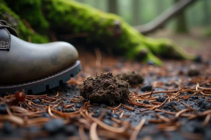 Crottes de sanglier sur un sol forestier humide avec empreintes de sabots visibles
