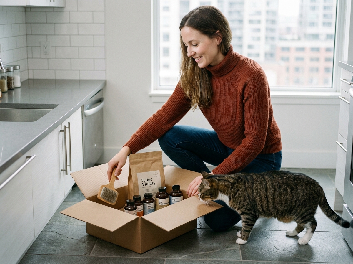Jeune femme déballant une commande de soins et d'alimentation pour chat livrée à domicile, avec un chat tigré curieux à ses côtés