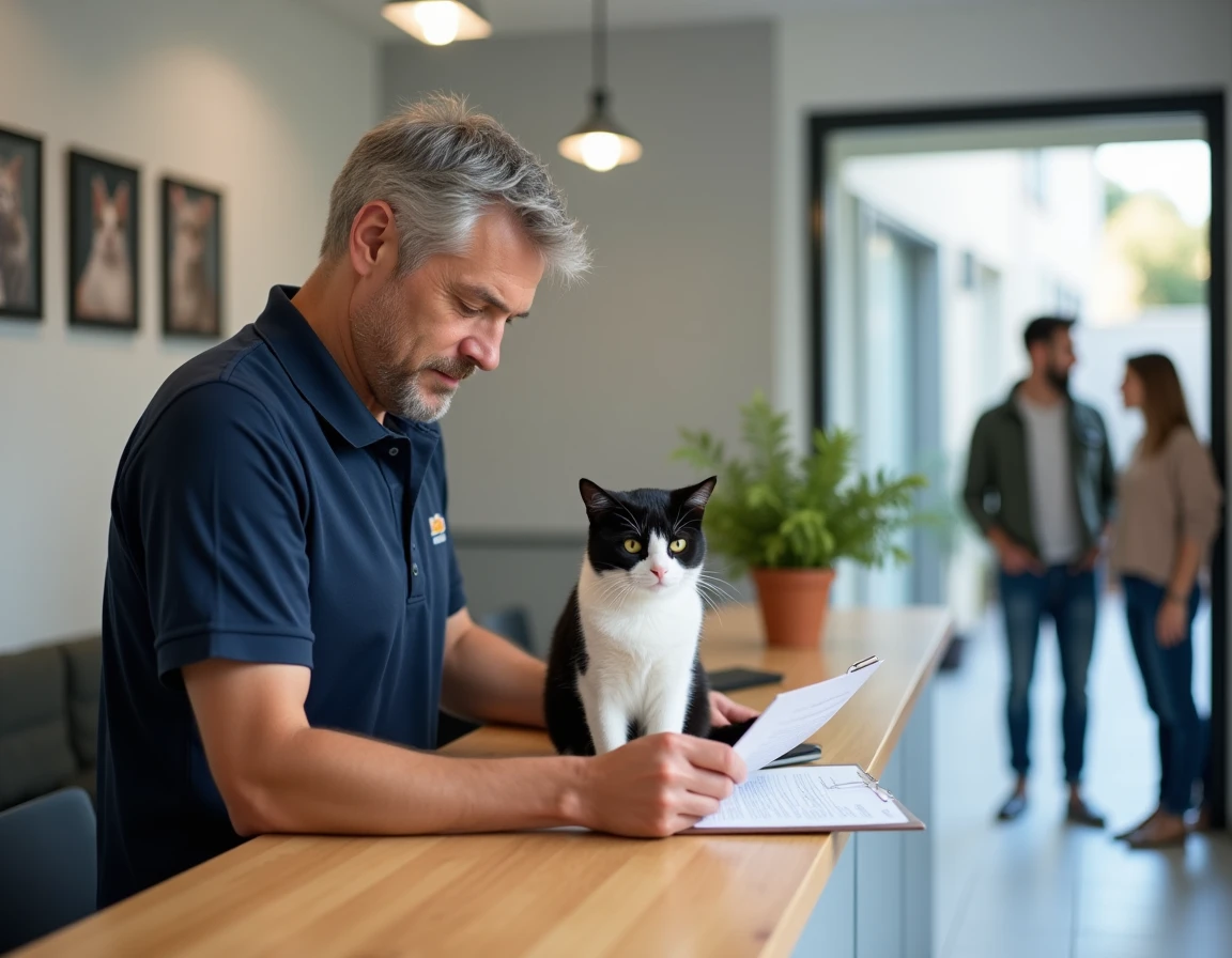 Bénévole d'un refuge expliquer les démarches d'adoption d'un chat à un couple dans la salle d'accueil à Lyon