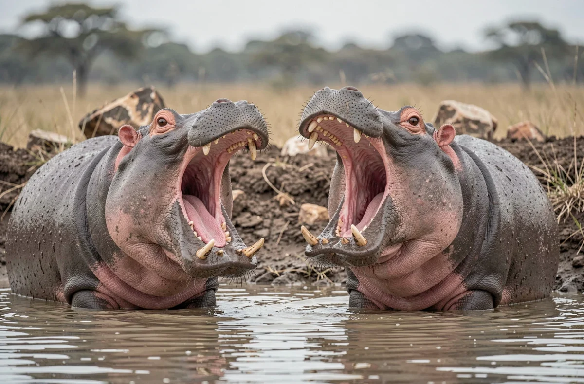 Deux hippopotames adultes au bord d'un point d'eau en réserve naturelle africaine, illustrant leur comportement social et leur morphologie liée au poids