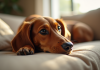 Dachshund allongé sur un canapé beige lumineux