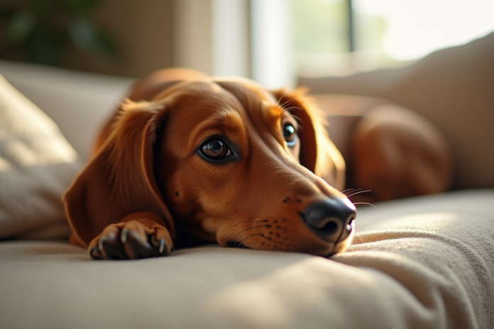 Dachshund allongé sur un canapé beige lumineux