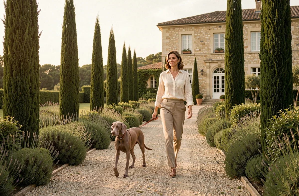 Le Domaine De Look pension canine avec une propriétaire élégante promenant un Braque de Weimar sur une allée en gravier bordée de cyprès devant un manoir en pierre