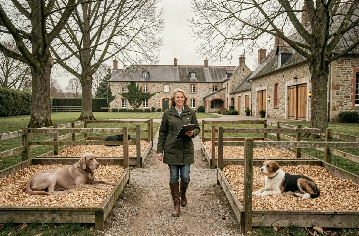 Chiens dans les chenils du Domaine des Écuries à Bois-Héroult, dans un cadre de propriété équestre normande