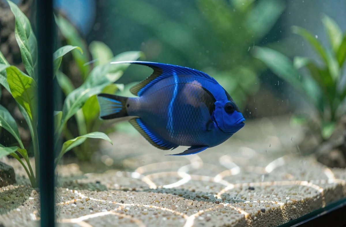 Poisson chirurgien bleu en gros plan dans un aquarium domestique, symbole des troubles de mémoire du personnage Doris dans le film