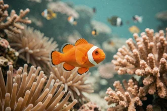 Poisson clown orange nageant seul près d'une anémone de mer, illustrant la thématique de Doris le poisson et les troubles de mémoire