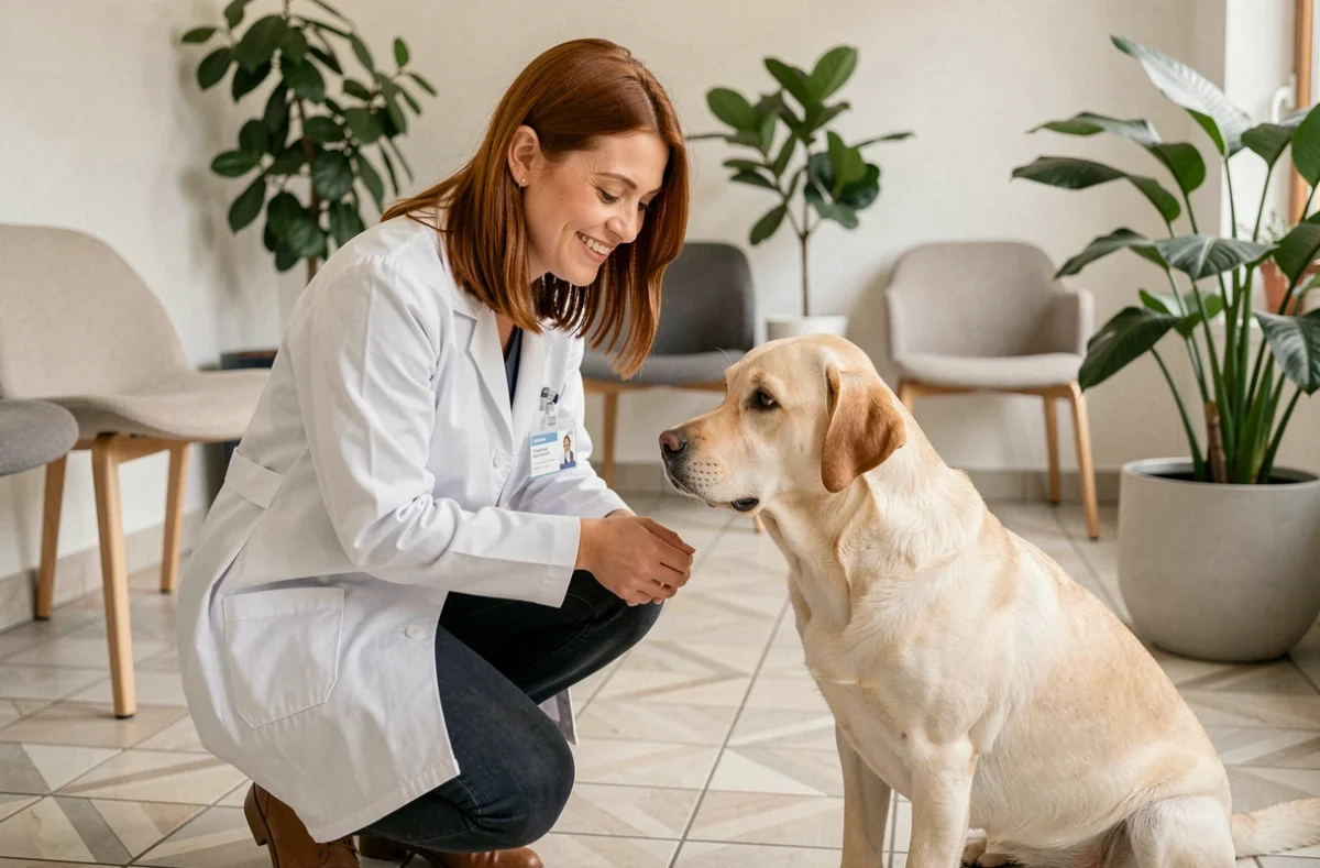 Dr Mélissa Gaucher, vétérinaire à Tours, accueillant un labrador dans la salle d'attente