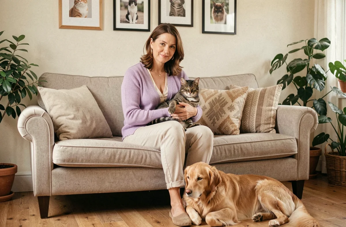 Eden Maison du Chat et du Chien avec une propriétaire tenant un chat tigré sur un canapé tandis qu'un golden retriever se repose à ses pieds dans un intérieur chaleureux