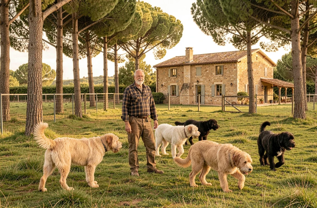 Élevage des Broussailles d'Occitanie avec un éleveur entouré de chiens Briards dans un grand enclos herbeux devant une ferme traditionnelle