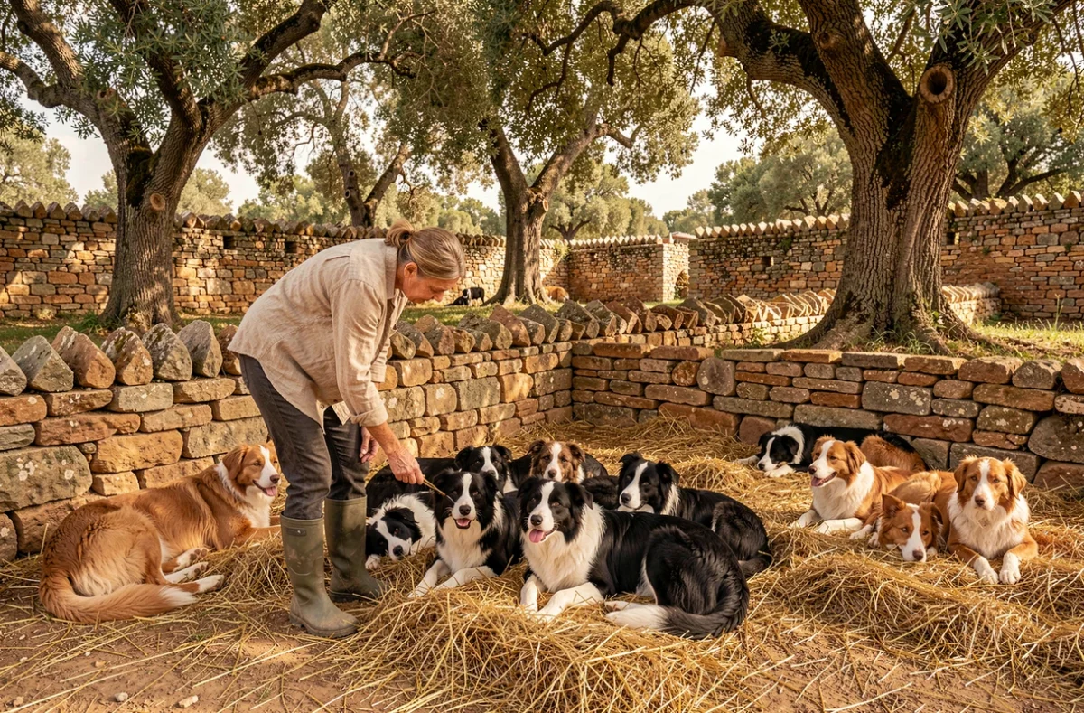 Élevage et garderie des Paredasses avec une éleveuse s'occupant de Border Collies dans un enclos en pierres au milieu de la campagne occitane