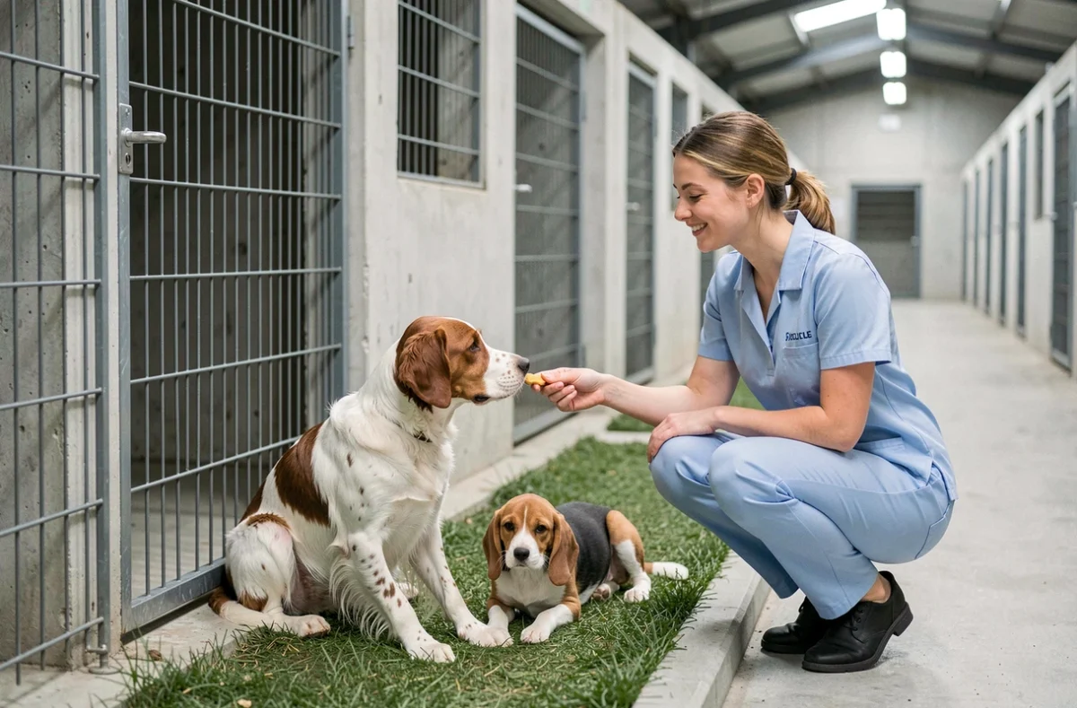 Épagneul et chiot beagle dans les chenils de l'Élevage-Pension du Petit Dan à Hérouville-Saint-Clair