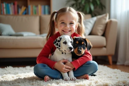 Jeune fille souriante avec chiens dalmatiens et berger allemand