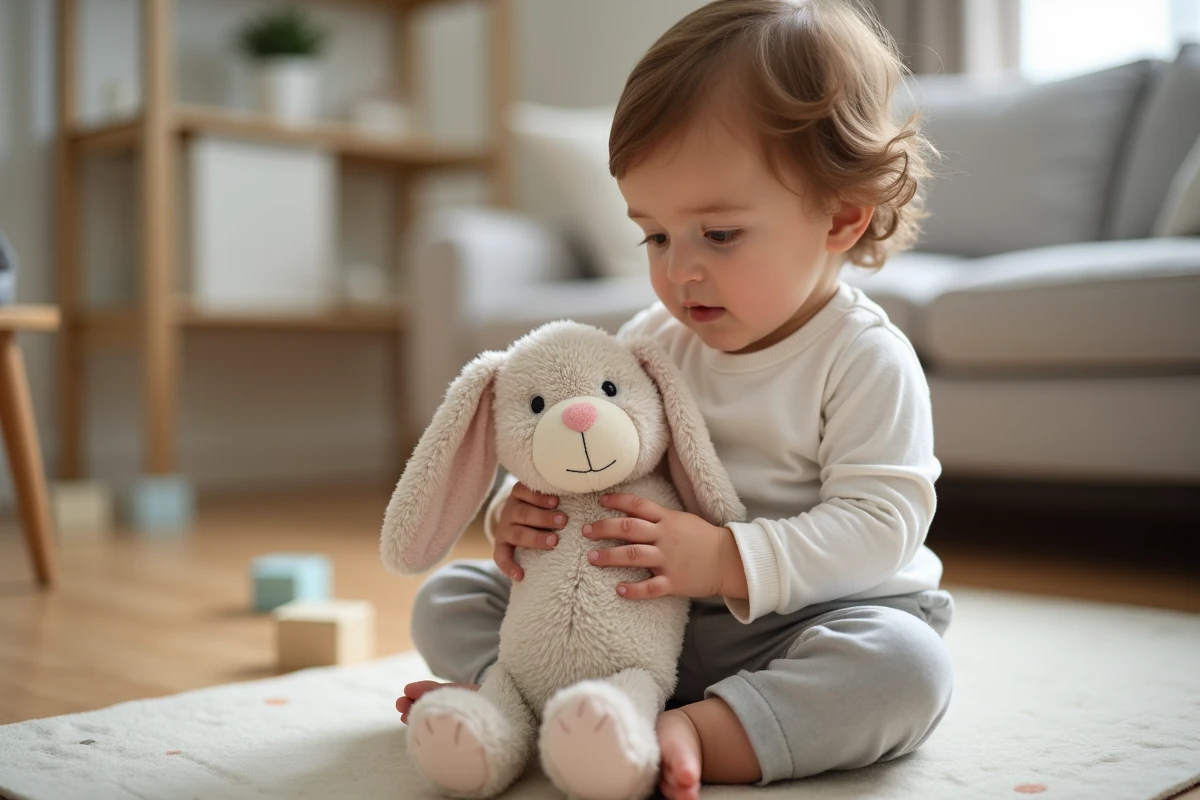 Tout-petit concentré qui tient un jouet-lapin interactif en peluche sur un tapis de jeu coloré dans un salon familial