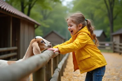 Jeune fille en imperméable jaune tendant la main vers une chèvre dans un parc animalier à Strasbourg lors d'un anniversaire enfant