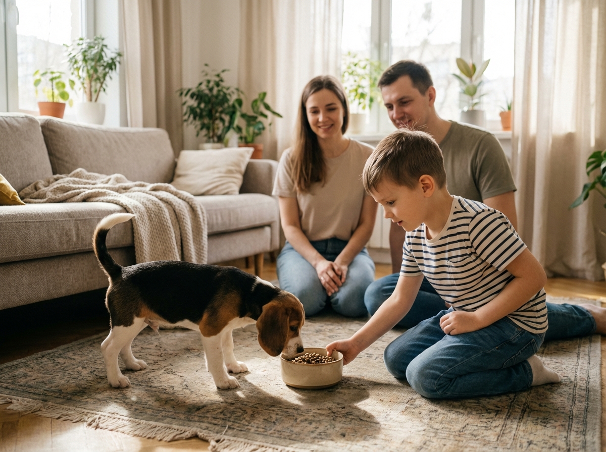 Jeune garçon offrant de la nourriture à un chiot dans le salon