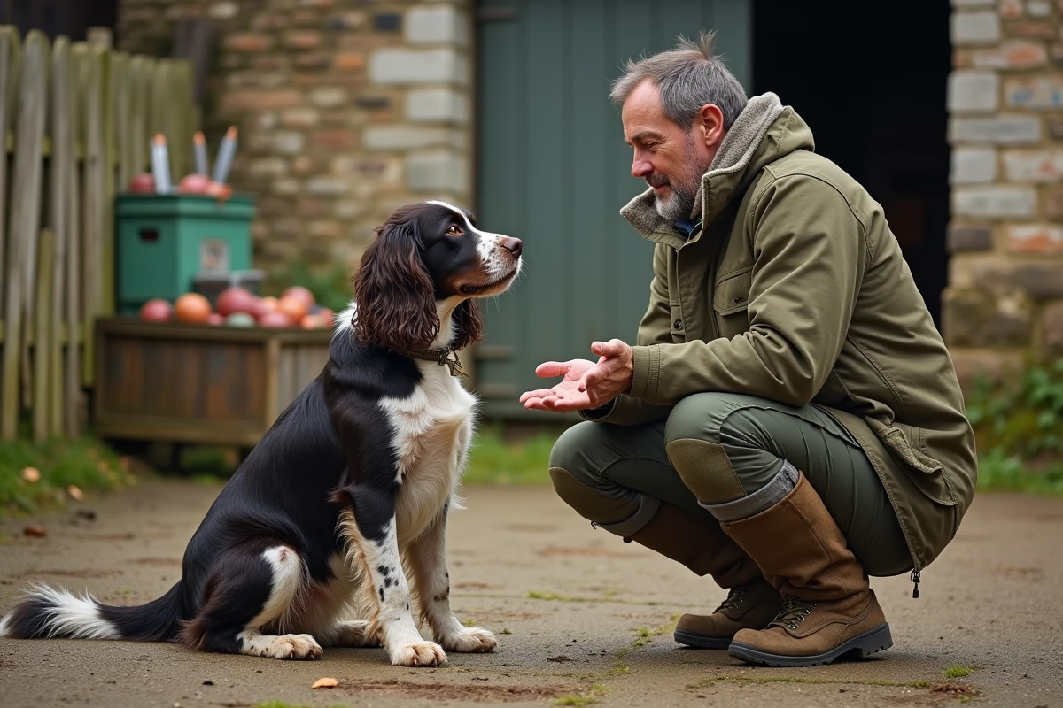 Chasseur agenouillé donnant un ordre à son springer anglais lors d'une session d'entraînement dans une cour de ferme rustique