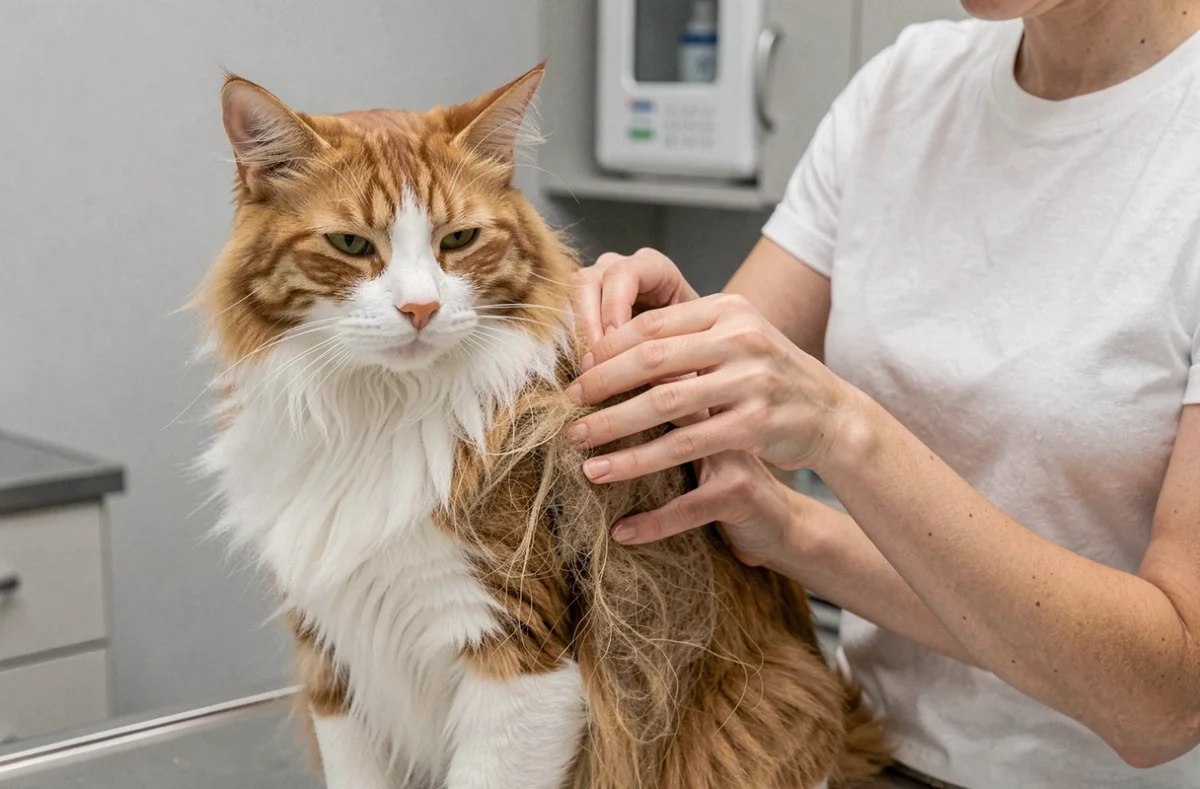 Femme examinant le pelage emmêlé d'un chat roux à poils longs sur une table de consultation vétérinaire