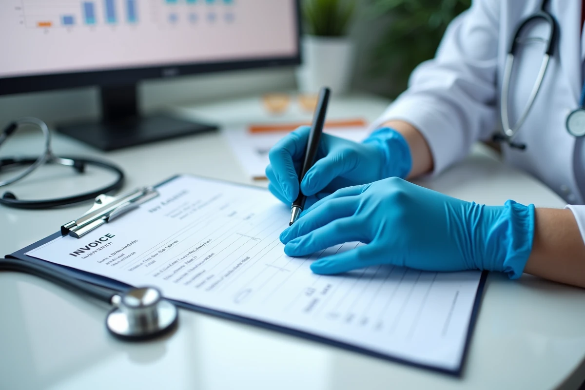 Mains de vétérinaire tenant une facture de soins vétérinaires sur un presse-papiers dans une clinique