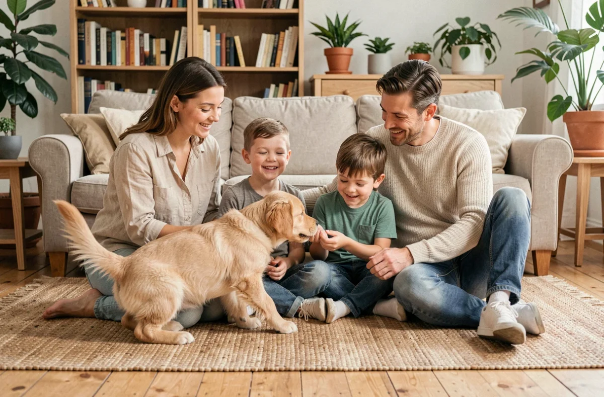 Famille heureuse accueillant un chiot golden retriever dans leur salon, idéal pour illustrer l'arrivée d'un chien de famille