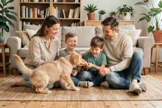 Famille heureuse accueillant un chiot golden retriever dans leur salon, idéal pour illustrer l'arrivée d'un chien de famille