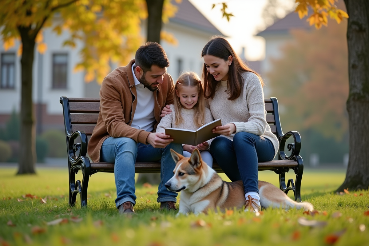 Famille avec chien lisant brochure d