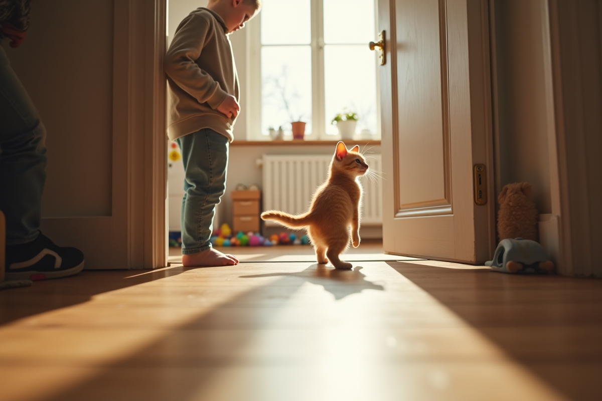 Famille observant un chaton dans un appartement lumineux