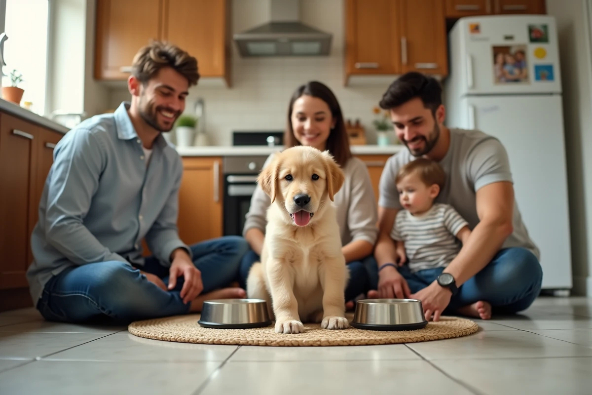Famille avec chiot golden retriever dans une cuisine lumineuse