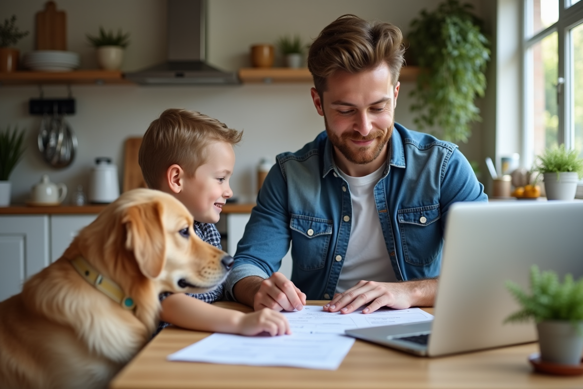 Père et enfant avec un chien dans la cuisine familiale