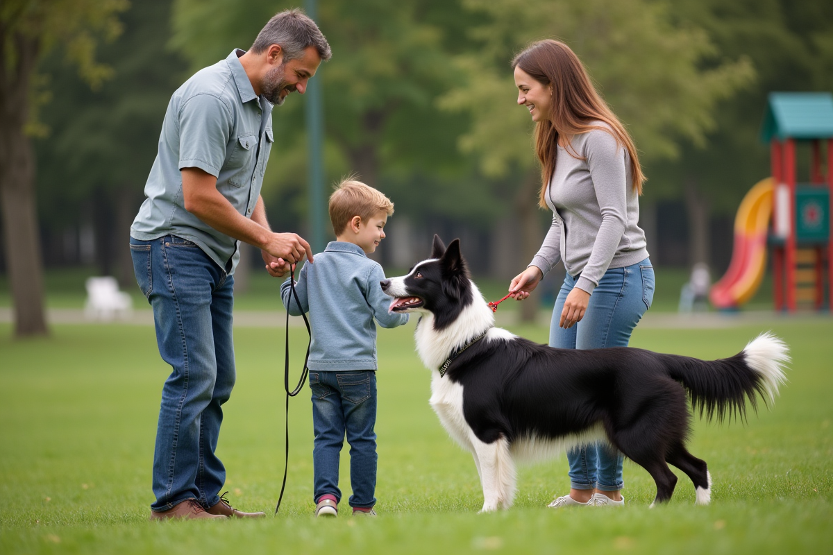 Famille dans un parc avec un chien border collie et certificat de pedigree