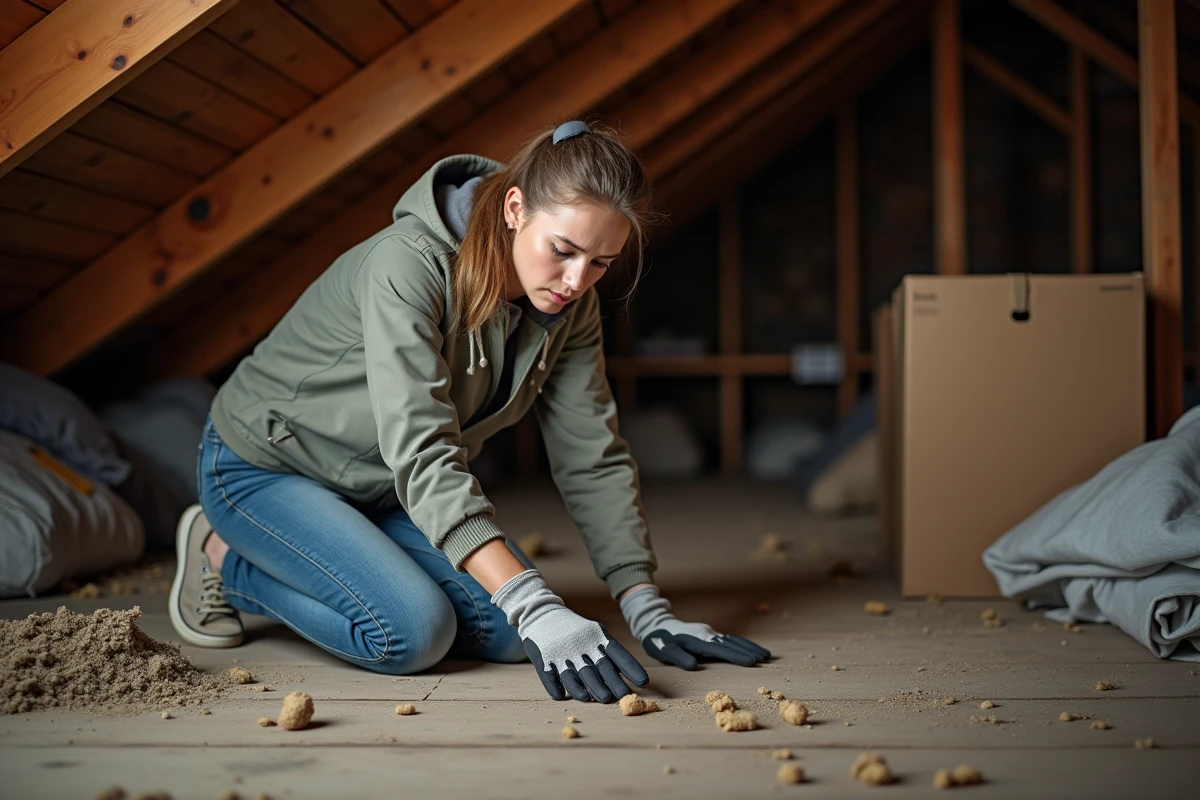 Jeune femme dans un grenier pointant des déjections animales