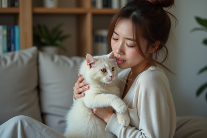 Femme avec chat tacheté dans un salon moderne