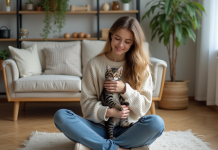 Temps idéal pour garder un nouveau chat à l’intérieur : conseils et astuces Jeune femme avec un chaton dans un intérieur chaleureux