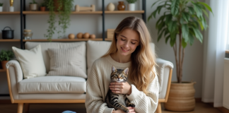 Jeune femme avec un chaton dans un intérieur chaleureux