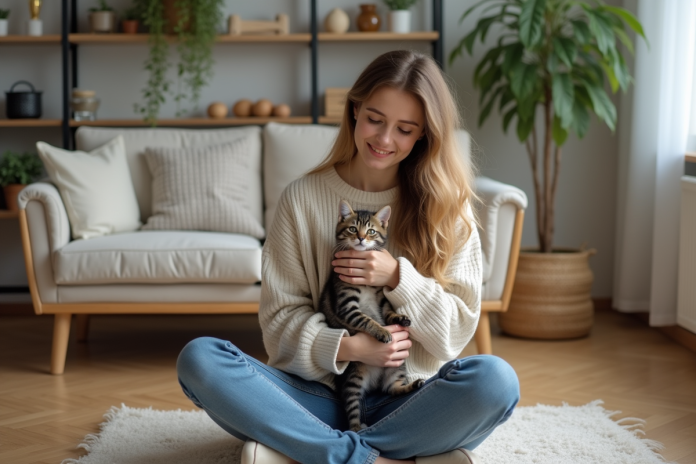 femme-avec-chaton-domicile Jeune femme avec un chaton dans un intérieur chaleureux