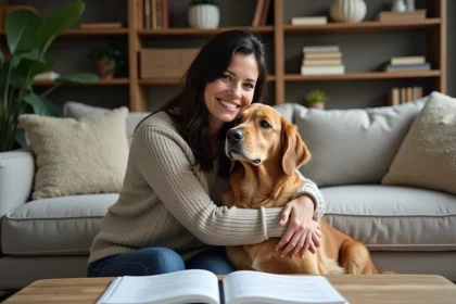 Femme avec son chien golden retriever dans un salon chaleureux