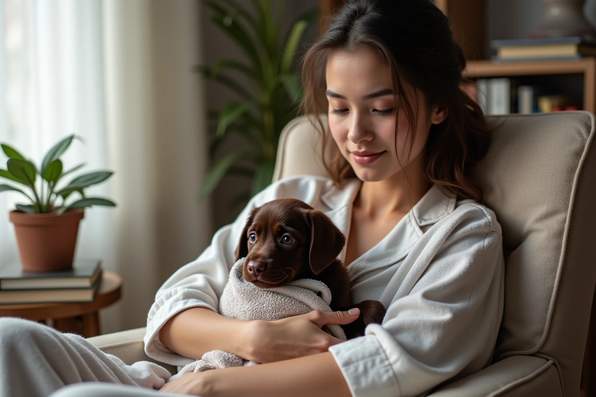 Femme tenant un chiot labrador dans ses bras